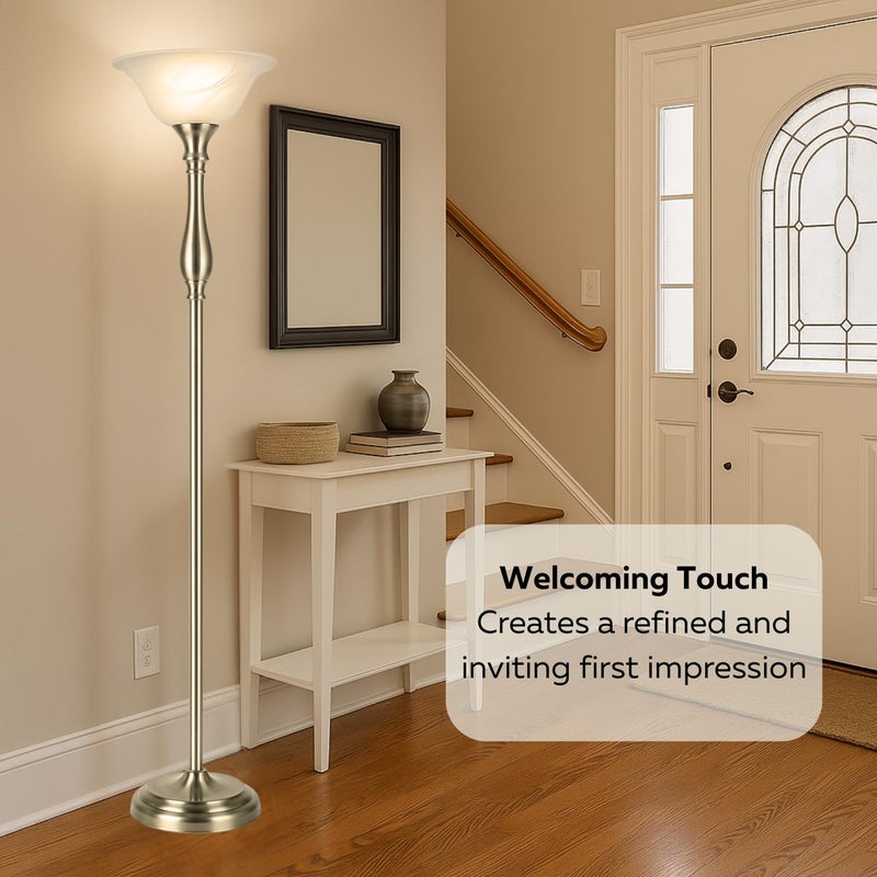 LIGHTACCENTS Floor Lamp, 72-Inch Standing Lamp with Brushed Nickel Finish and White Alabaster Glass Shade â€“ Torchiere Pole Lamp for Living Room, Bedroom, or Corner Lighting - Image 4